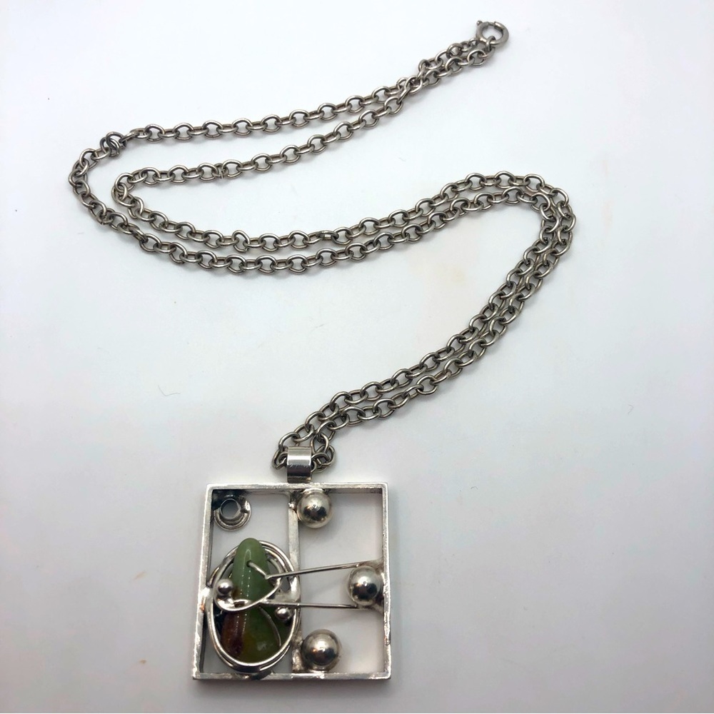 Vtg Wiggers Denmark Handmade Jade Brutalist Silver Plate Necklace 28” + 1.8”